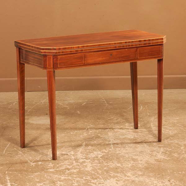 Inlaid Sheraton mahogany lift top game table on squ: Inlaid Sheraton mahogany lift top game table on square tapered legs, c.1800, 39" wide, 19" deep, 30" high