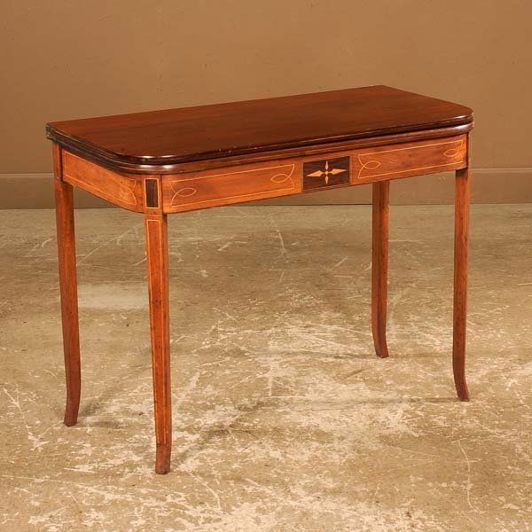 Inlaid Sheraton mahogany lift top game table on ta: Inlaid Sheraton mahogany lift top game table on tapered splay legs, c.1860, 38" wide, 18-1/2" deep, 28" high, 37" deep when open