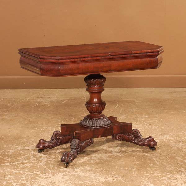 American Empire mahogany lift top game table on ca: American Empire mahogany lift top game table on carved claw feet, c.1870, As Found (needs repair), 37-1/2" wide, 18-1/2" deep, 30" high, 37-1/2" deep when open