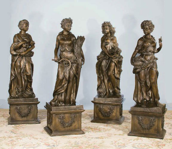Fine set of four classical bronze garden sculpture: Fine set of four classical bronze garden sculptures of women depicting the four seasons, fall, winter, spring, summer, 21" wide, 19" deep, 69" high