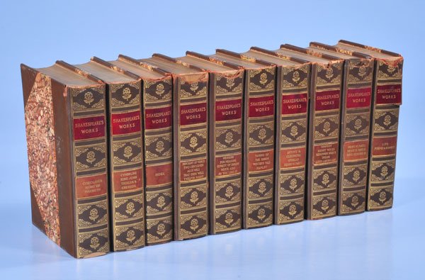 Group of ten English leather bound books, Shakesp