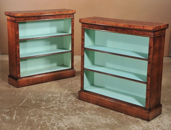 Pair of English burl walnut open bookcase cabinet