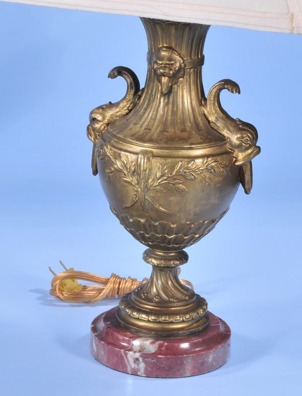 Pair of gilt spelter urn shaped lamps with marble - 2