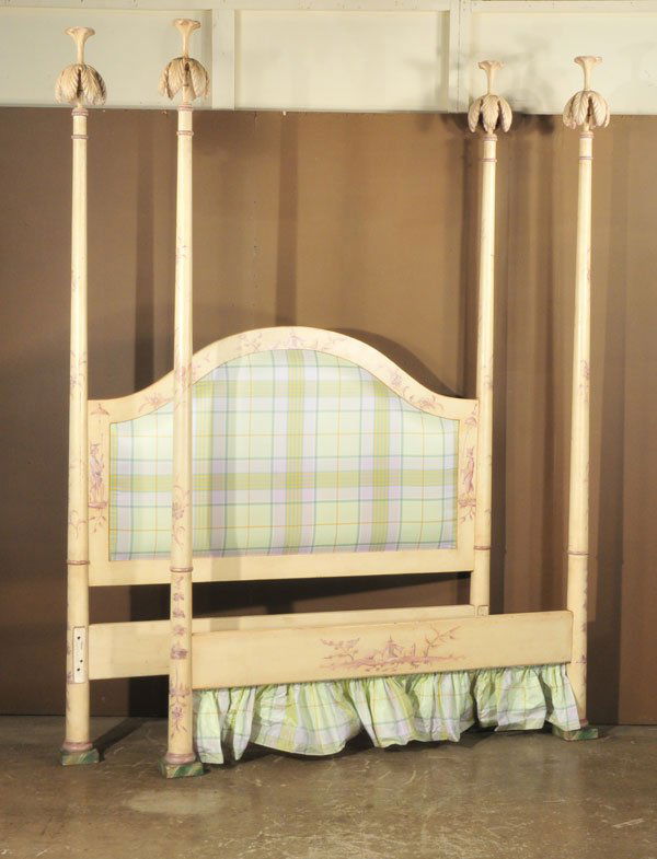 "Patina" Italian painted four poster bed with flo: "Patina" Italian painted four poster bed with floral decoration and large leaf form finials, 68-1/2" wide, 87" deep, 104" high