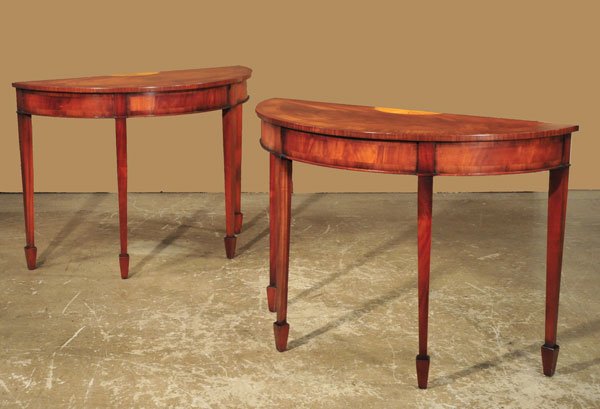 Pair of Sheraton style mahogany demilune console