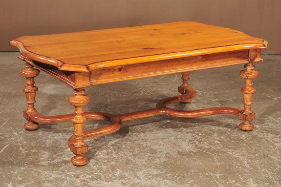 Century Furniture pine coffee table with serpentin: Century Furniture pine coffee table with serpentine shaped ends, 54" wide, 34" deep, 21" high