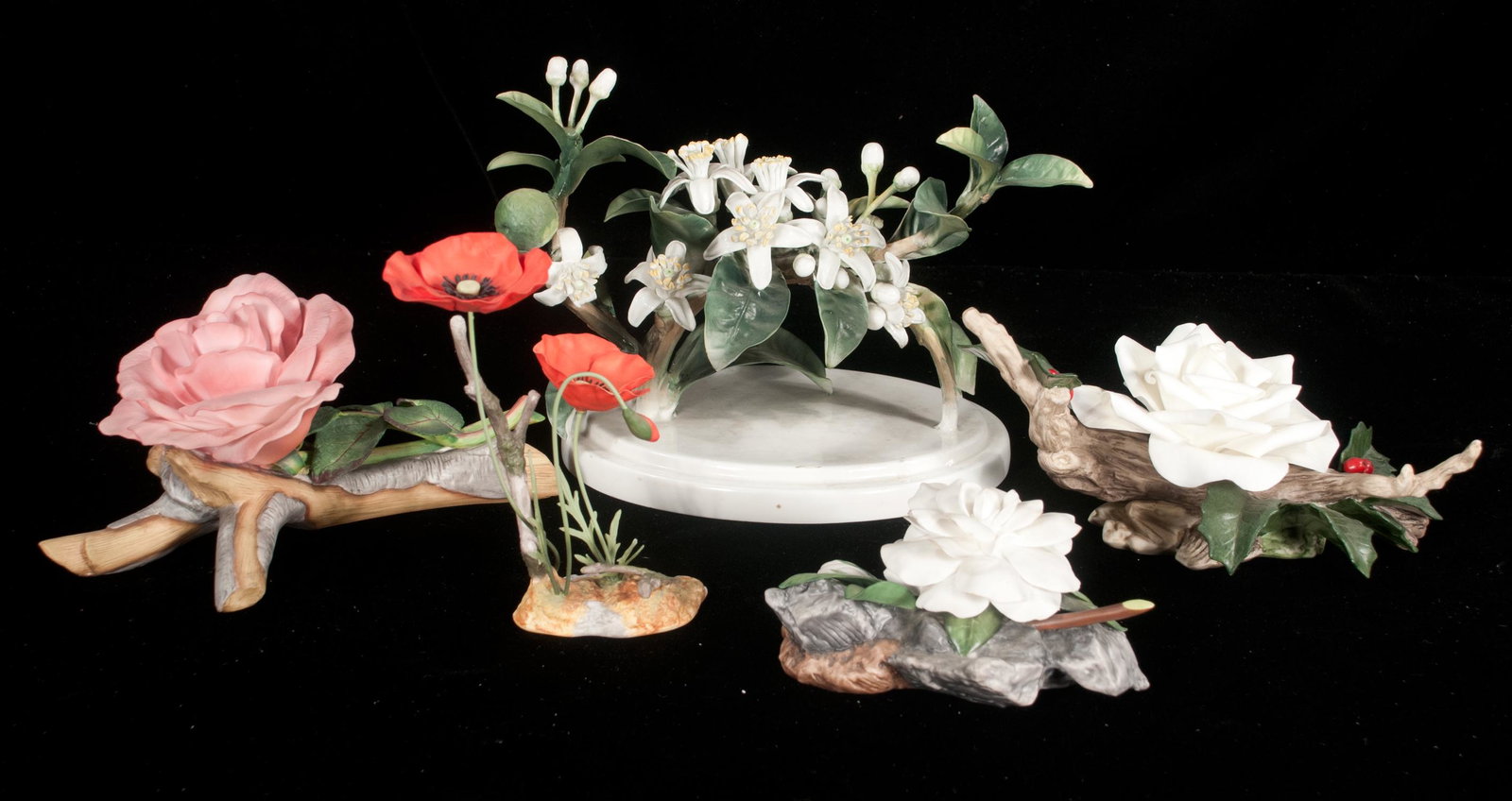 5 pieces of Doughty and Boehm: Dorothy Doughty Orange Blossom with butterfly, along with four Boehm flowers, Gardenia, Christmas _x000B_Rose, Queen Elizabeth Rose and Poppy, 5 pieces