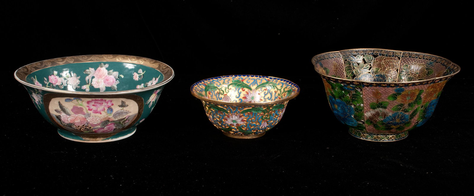 Three enamel bowls: Group of three cloisonne and enamel multi color bowls