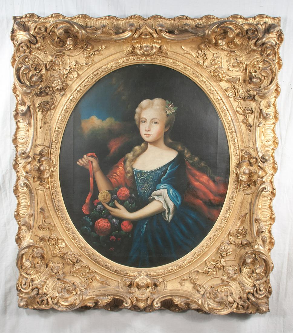 19th century oil painting on canvas, portrait of a: 19th century oil painting on canvas, portrait of a young lady in a blue dress with red cape and holding a bouquet of flowers in a fine gold gilt frame, canvas size: 24" high, 20" wide
