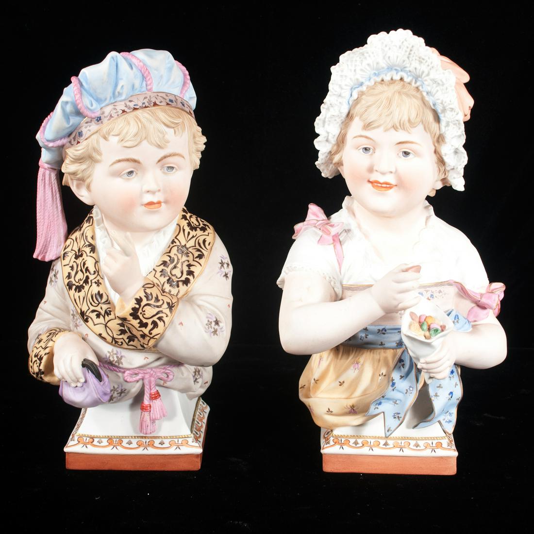 Pair of Bisque figures of a bust of a young boy and gir: Pair of Bisque figures of a bust of a young boy and girl, the boy has on a hat with a change purse in his hand and the girl has on a bonnet with a vase in her hand with candy in it, 13" high