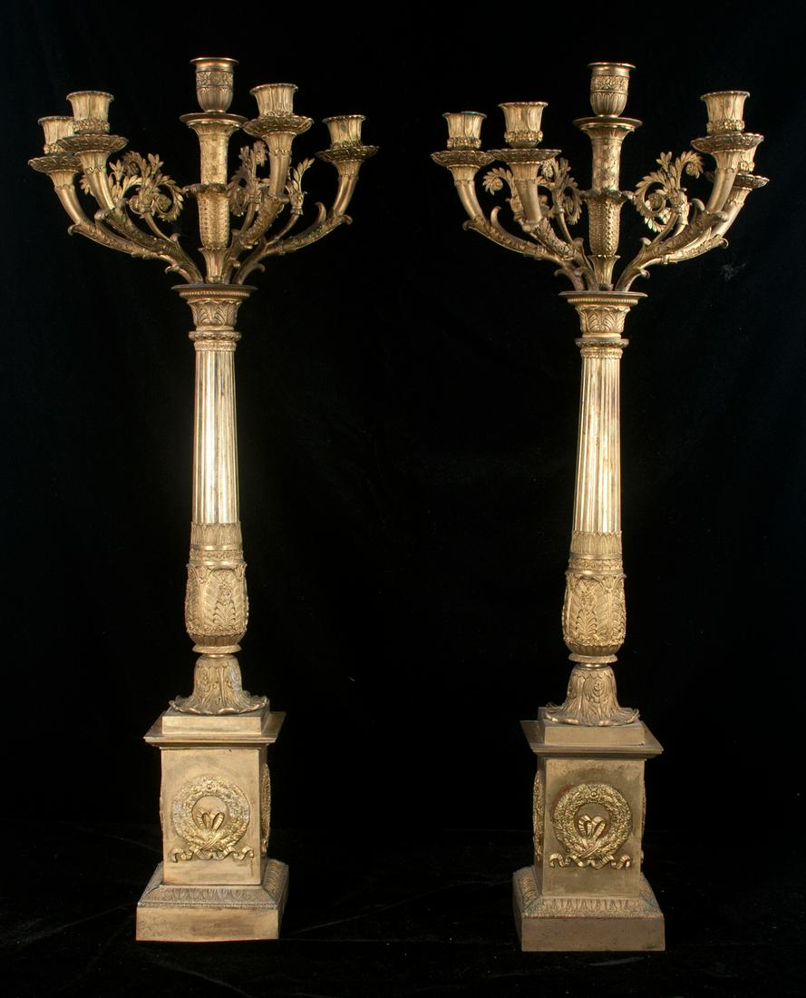 Pair of Louis XVI style gilt bronze candelabra: Pair of Louis XVI style gilt bronze five light candelabra, with scroll decoration at the top, leaf decoration at the base, c.1880, 32" high, 13" wide