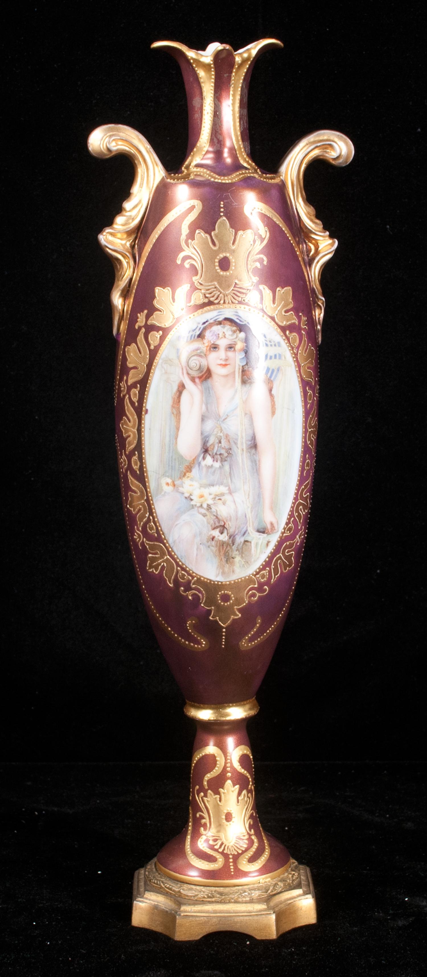 Royal Vienna vase with gold gilt highlights: Royal Vienna vase with gold gilt highlights, an oval portrait of a lady in a sheer gown and on a gilt bronze base, c.1900, 15.5" high