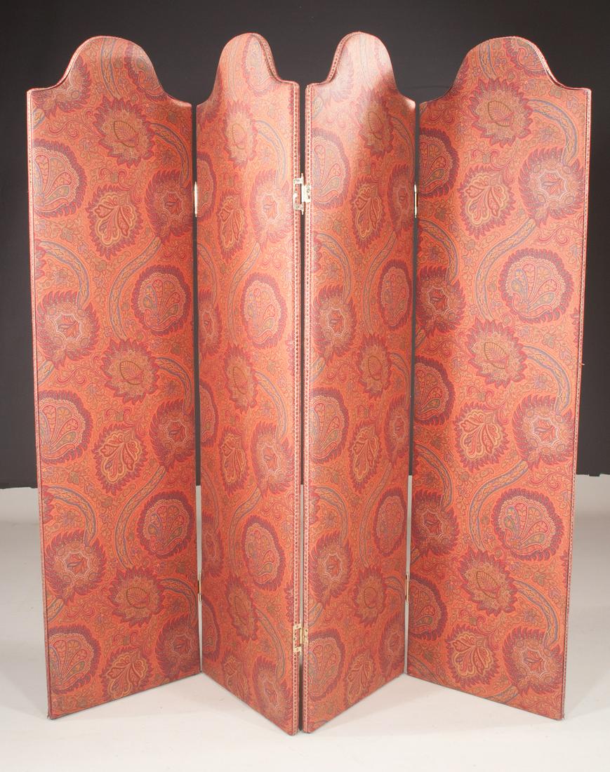 Four panel upholstered folding screen: Four panel upholstered folding screen with arch top, each panel: 20" wide, 72" high
