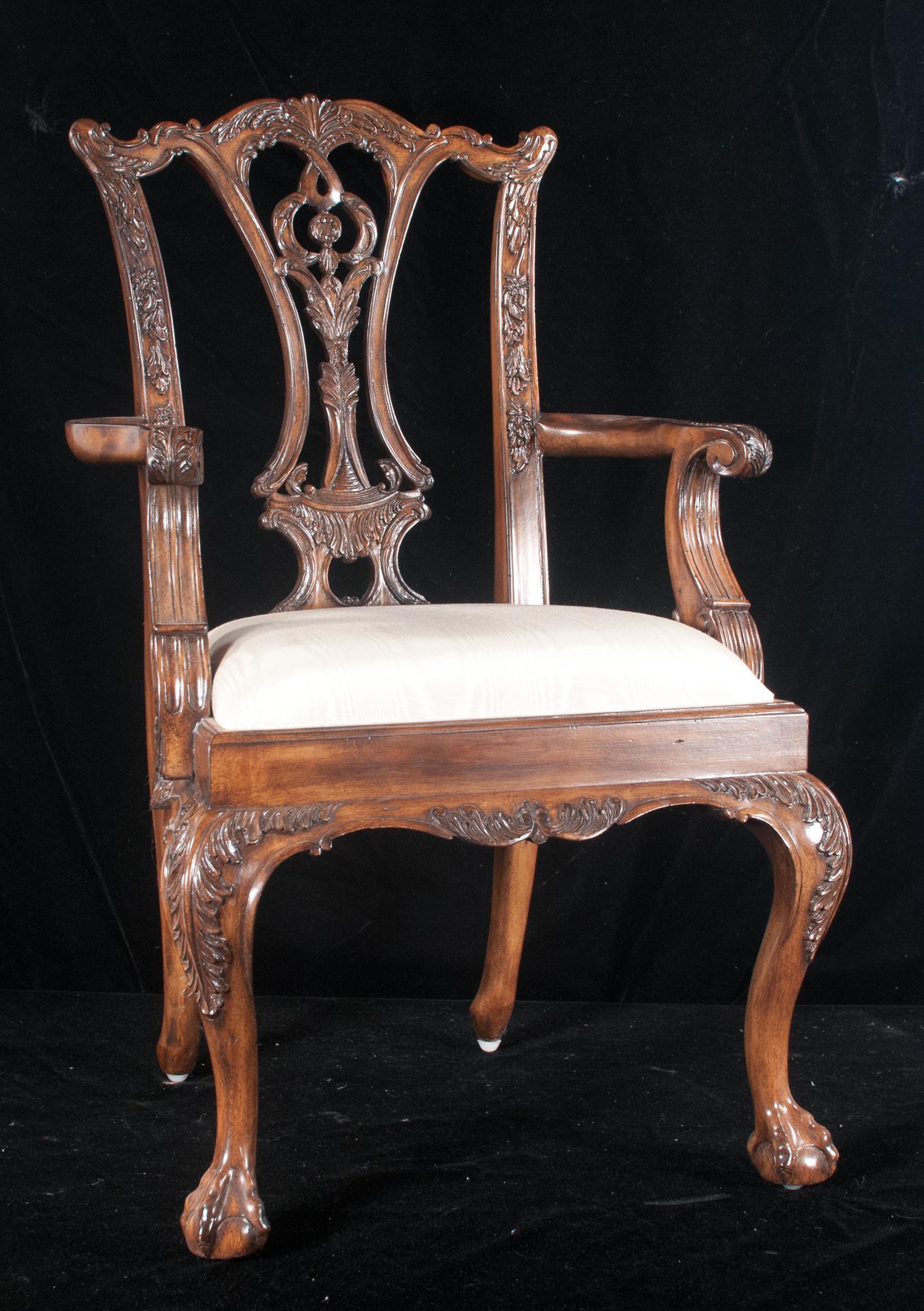 Salesman sample Chippendale style mahogany armchair: Salesman sample Chippendale style mahogany armchair with carved back, shaped and carved arms, carved apron on cabriole legs with ball and claw feet, 15" wide, 12" deep, 25" high