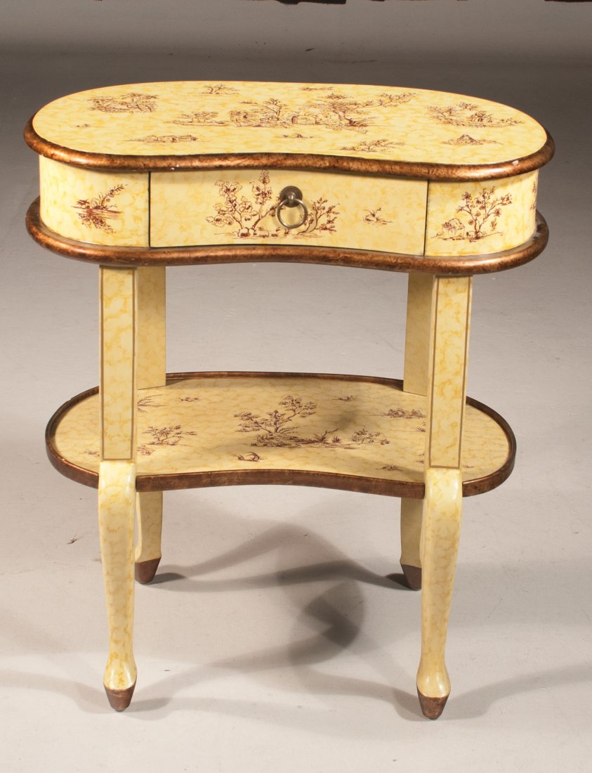 Yellow lacquered kidney shaped table: Yellow lacquered kidney shaped table with scenic decorations and lower shelf, 24" wide, 15" deep, 27.5" high