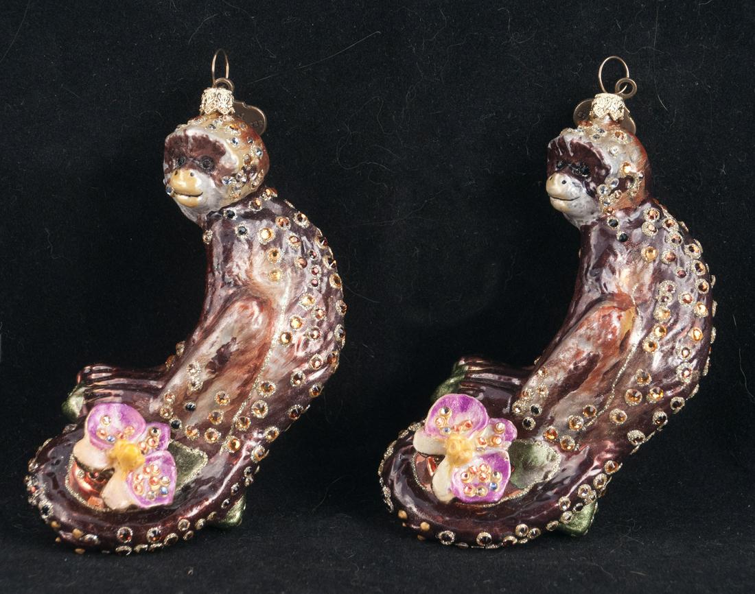 Pair of Jay Strongwater enamel monkey ornaments (1 of 4)