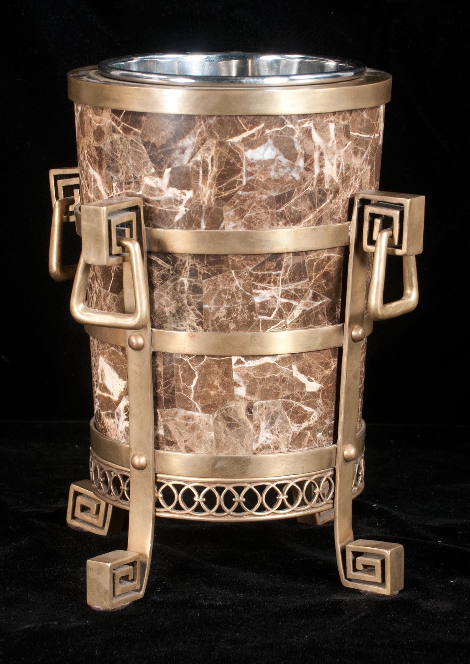 Penshell and brass wine cooler: Penshell and brass wine cooler with brass handles on on scroll brass feet, 11.5" high