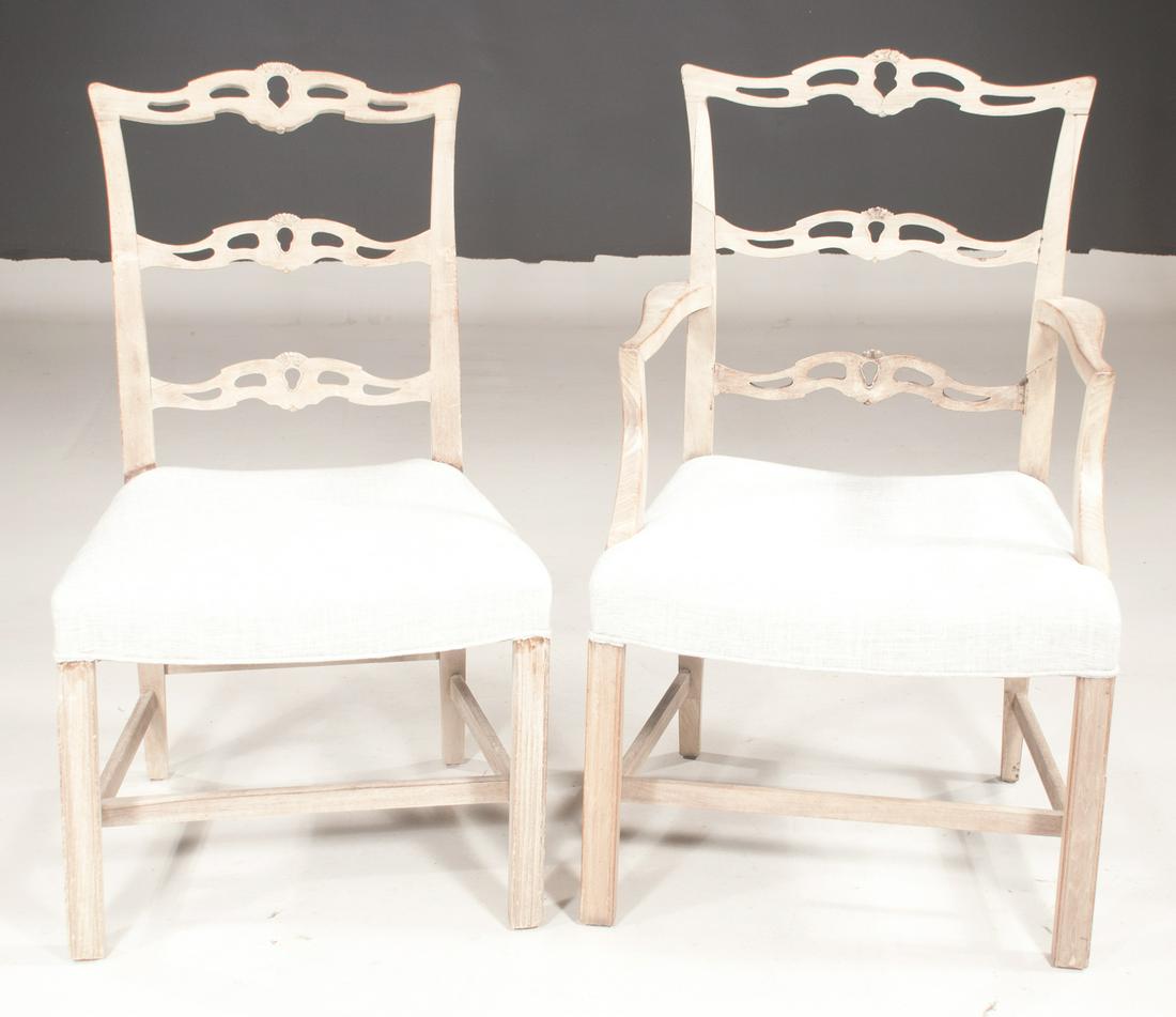 8 pickled dining chairs: Set of eight Chippendale style pickled dining chairs with pierced ladder backs, straight legs with under stretchers, arms: 23" wide, 19" deep, 39" high, sides: 22" wide, 18" deep, 38.5" high