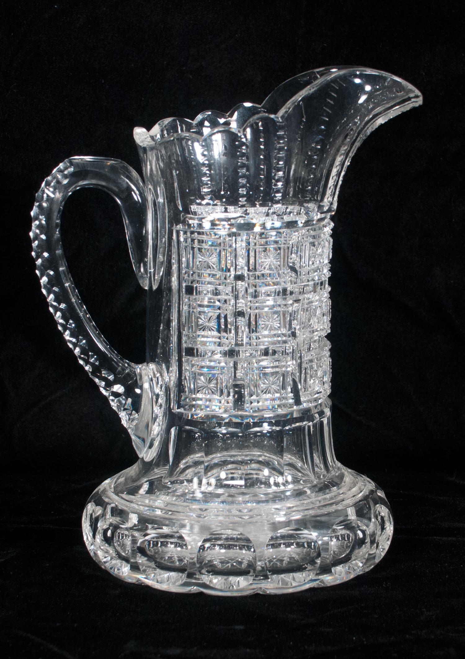 Hawkes cut glass pitcher Albany pattern: Hawkes cut glass pitcher in the Albany pattern, 10.5" high, signed