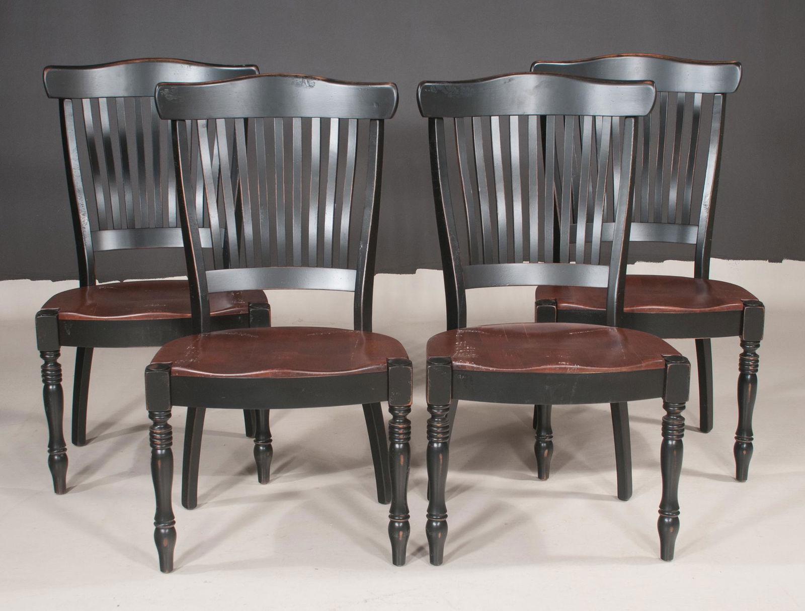 Set of four Nichols & Stone side chairs: Set of four Nichols & Stone side chairs with splat backs, shaped seats and turned legs, 21" wide, 19" deep, 39" high