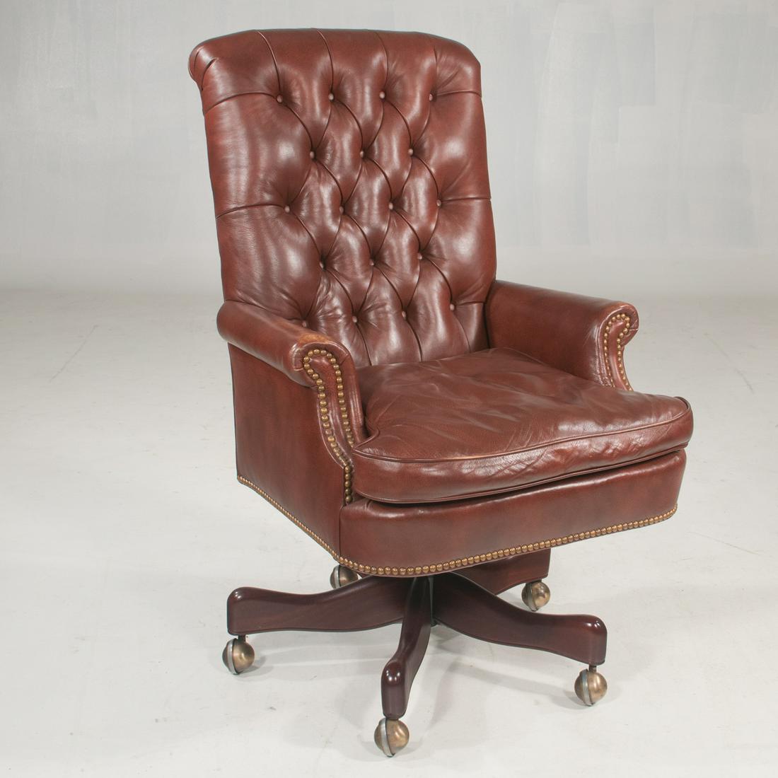 Hickory Chair desk chair with leather tufted upholstery: Hickory Chair desk chair with leather tufted upholstery on a rolling mahogany base, 28" wide, 30" deep, 43.75" high