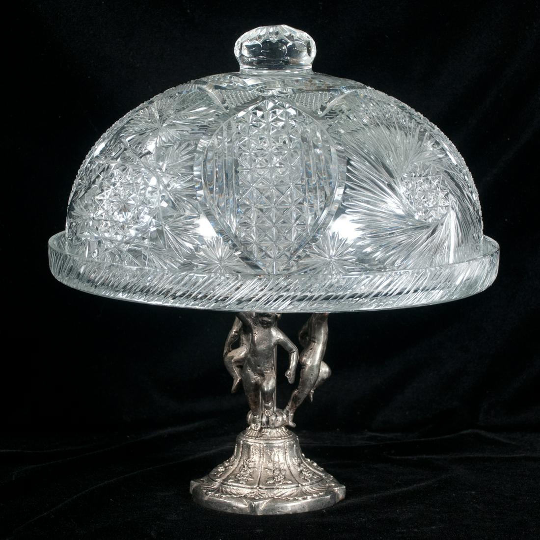 Cut glass covered cake dish with pinwheel cut design (1 of 5)