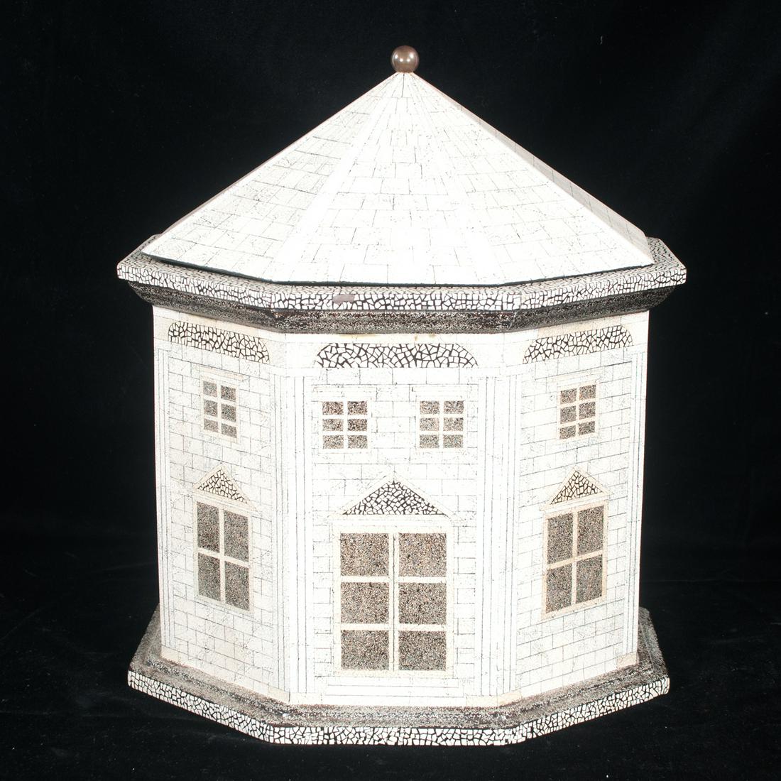 Unusual octagonal shaped covered box depicting a house: Unusual octagonal shaped covered box depicting a house with windows and shingle roof, 14" wide, 14" deep, 17" high