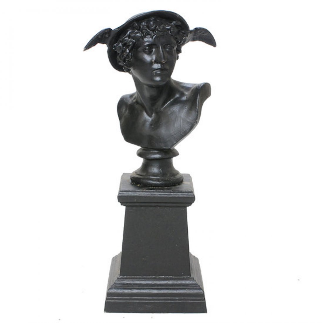 Cast iron bust of Mercury wearing a hat: Cast iron bust of Mercury wearing a hat with wings on a cast iron plinth, 19" wide, 40" high