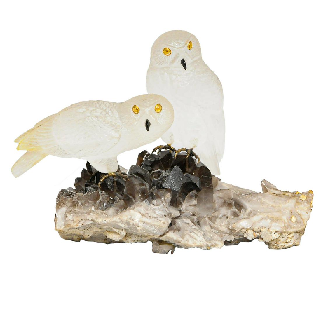 Pair of rock crystal owls on a rock crystal base (1 of 5)