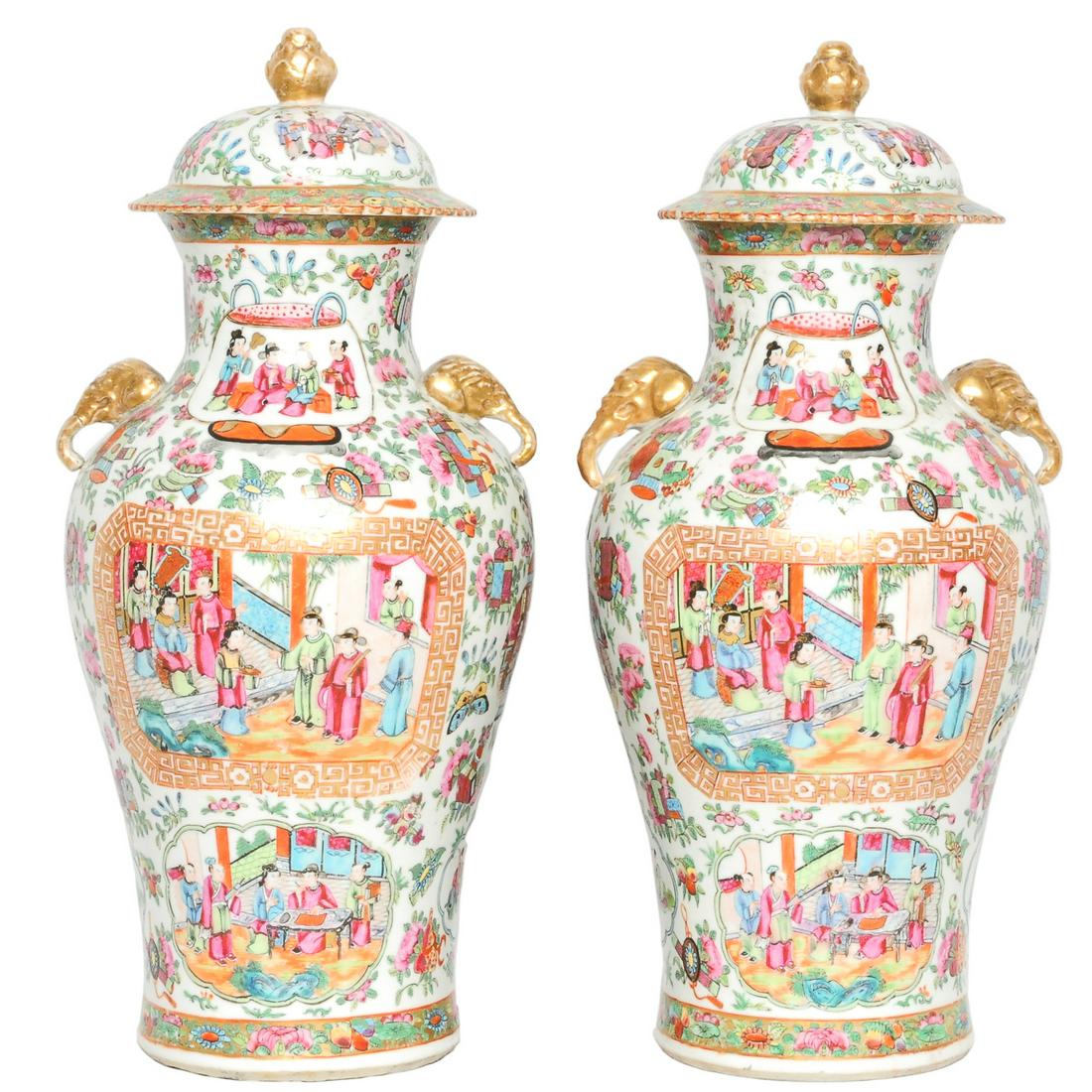 Pair of Rose Medallion porcelain capped urns (1 of 9)