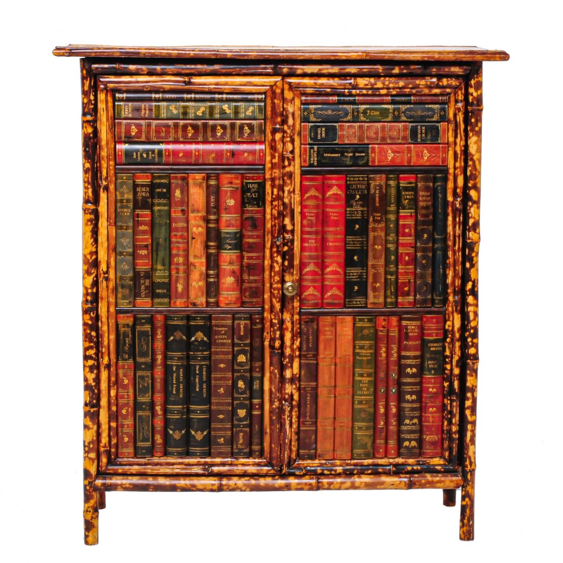 Bamboo cabinet with tooled leather top: Bamboo cabinet with tooled leather top, two cupboard doors with leather book fronts and embossed leather sides, 36.5" wide, 14.5" deep, 41" high