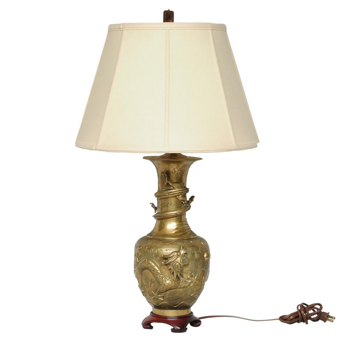 Asian inspired brass lamp with raised dragon decoration (1 of 3)