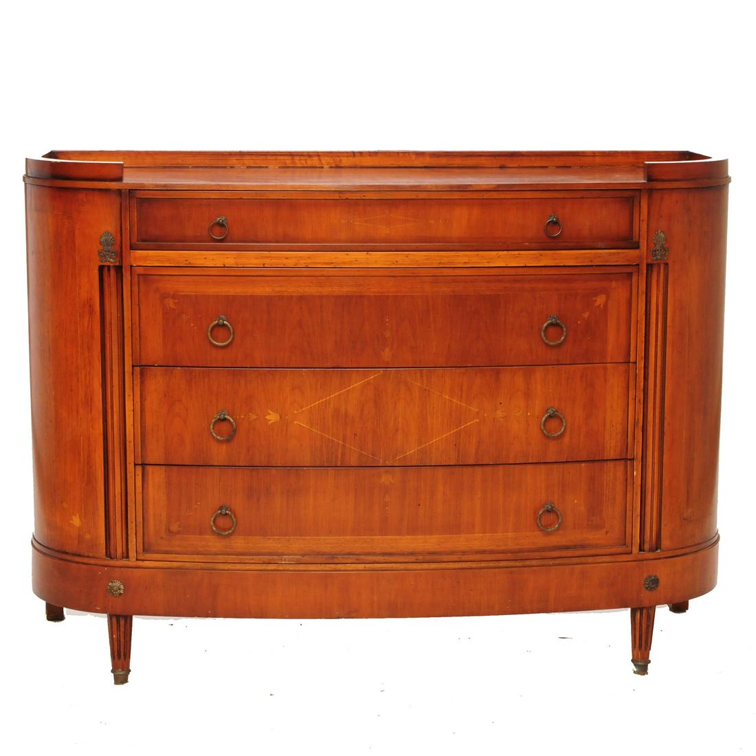 Italian mahogany bow front dresser: Italian mahogany bow front dresser with gallery top having four full drawers with satinwood inlay and bronze mounts. Made by Buying & Design spa - Montespertoli - Florence, Italy 56" wide 23" deep 41"