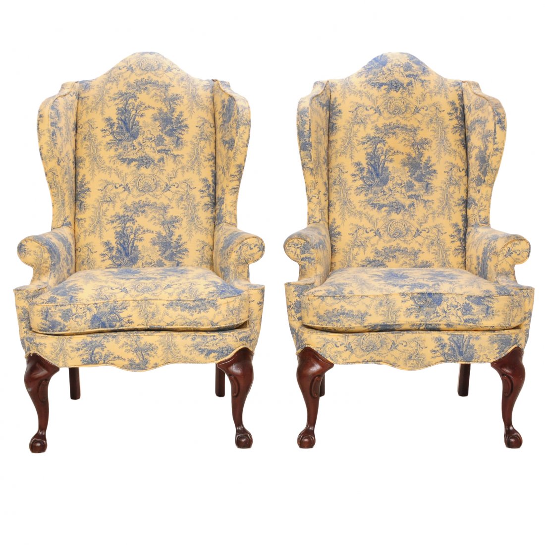 Pair of Chippendale style mahogany and upholstered wing (1 of 6)