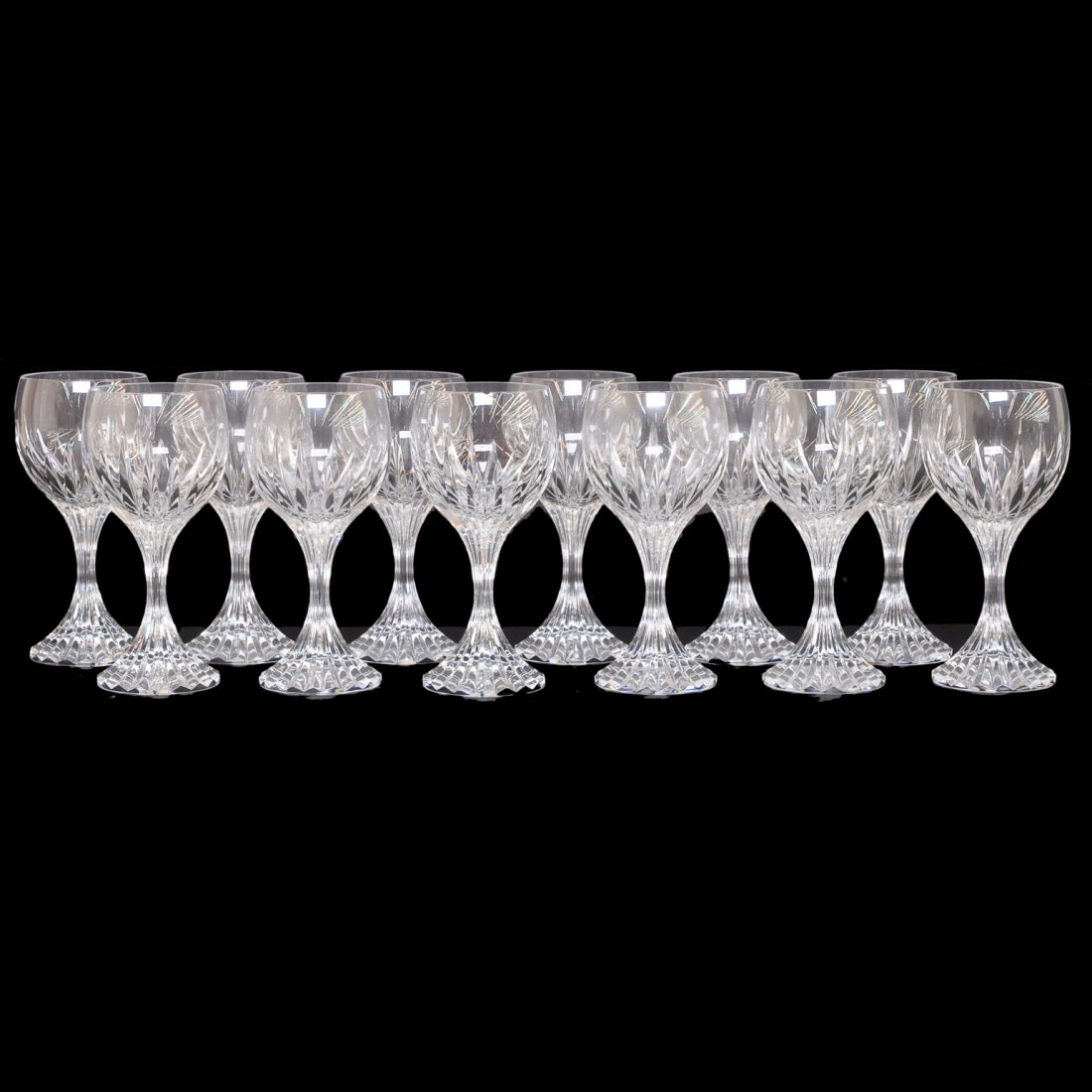 Set of 12 Baccarat crystal wine glasses: Set of 12 Baccarat crystal wine glasses in the Massena pattern, 7" high, AF(1 is broken)