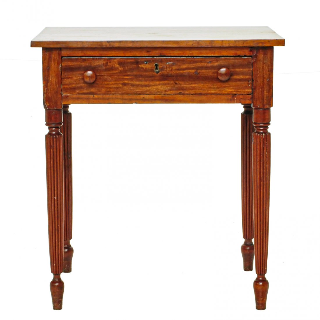 American cherry side table with one drawer: American cherry side table with one drawer on tapered fluted legs, c. 1900, 26.5" wide, 19.5" deep, 30" high