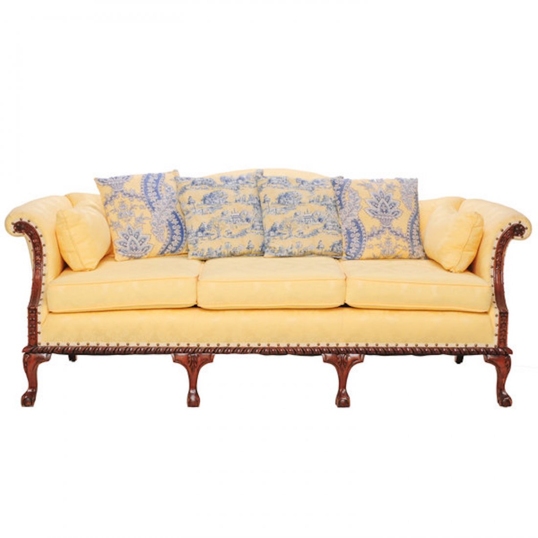 Chippendale style upholstered mahogany camel back sofa (1 of 6)