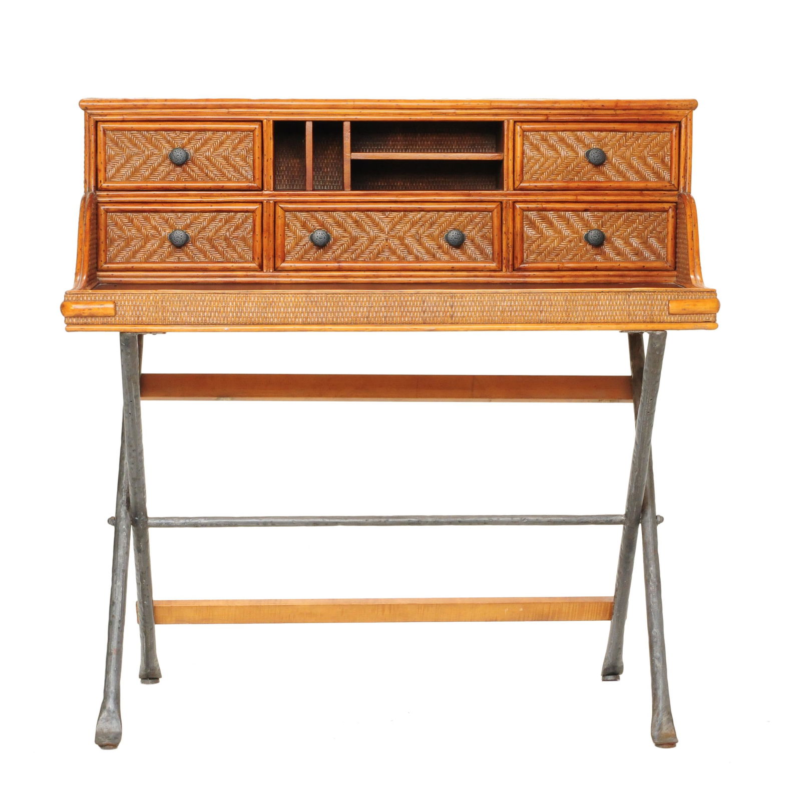 Wicker and bamboo style writing desk: Wicker and bamboo style writing desk with five drawers on the top having a leather writing surface on a metal leg X-shaped base, 42" wide, 21" deep, 42" high