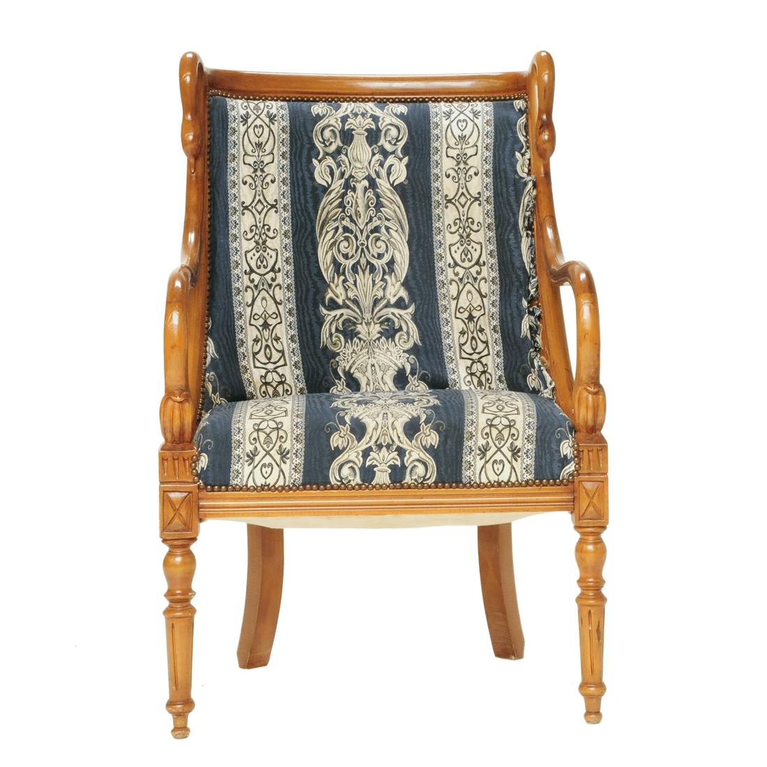 Empire style walnut stained fauteuil with swan neck: Empire style walnut stained fauteuil with swan neck carved back, curved arms on turned legs, 26" wide, 23" deep, 41" high