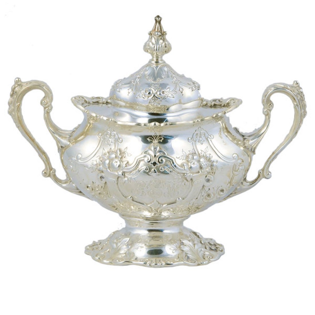 Francis I sterling silver covered sugar with double: Francis I sterling silver covered sugar with double handles, 7" wide, 5.5" high