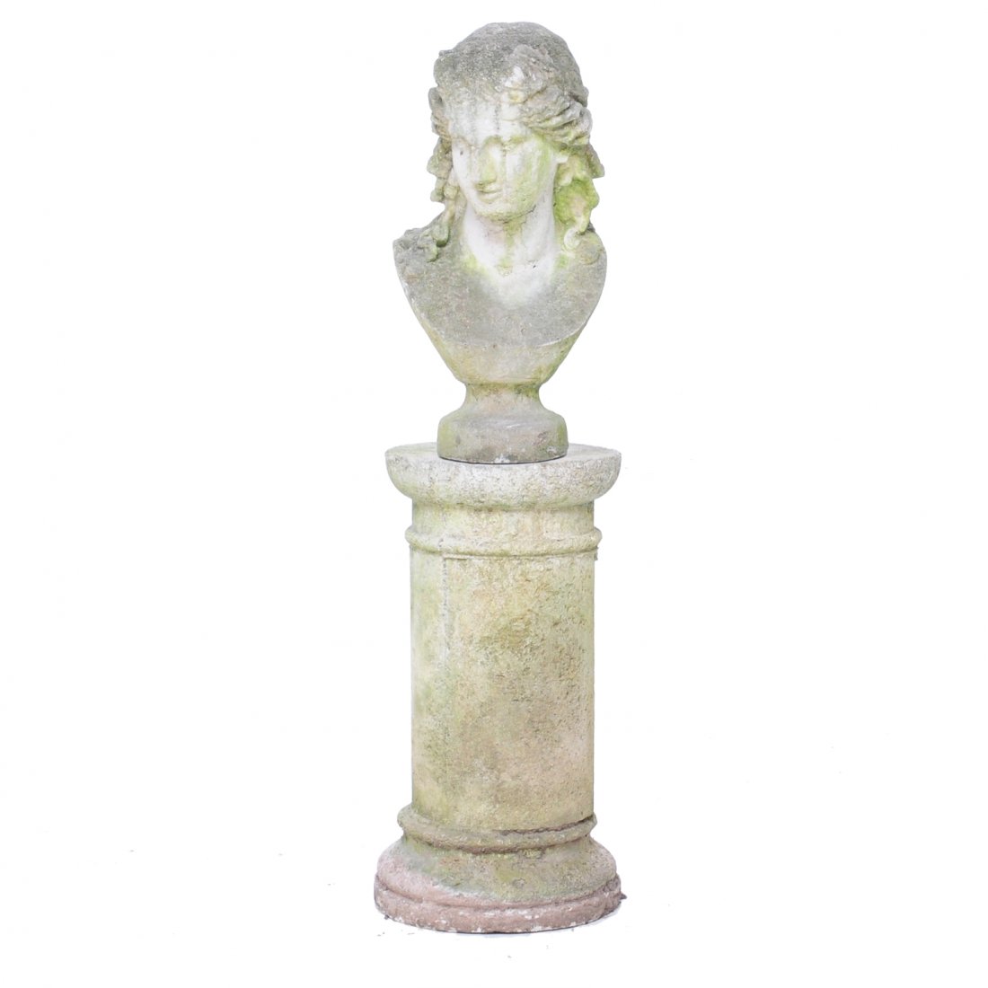 Stone bust of a woman on a circular stone pedestal (1 of 2)