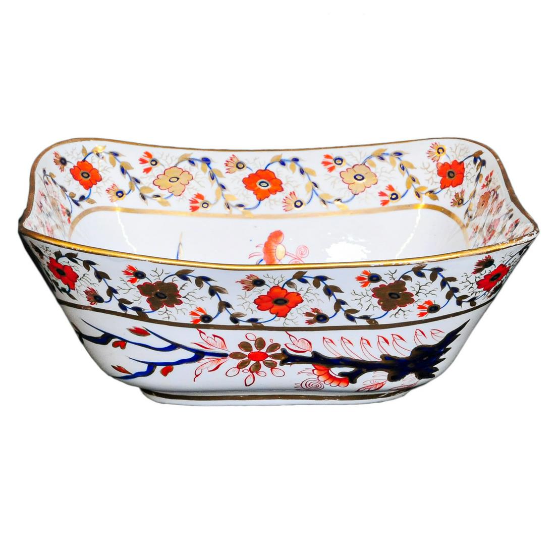 Crown Derby china square bowl: Crown Derby china square bowl with cobalt blue and bittersweet floral decorations having gilt border, c. 1860, 10" square, 4" high