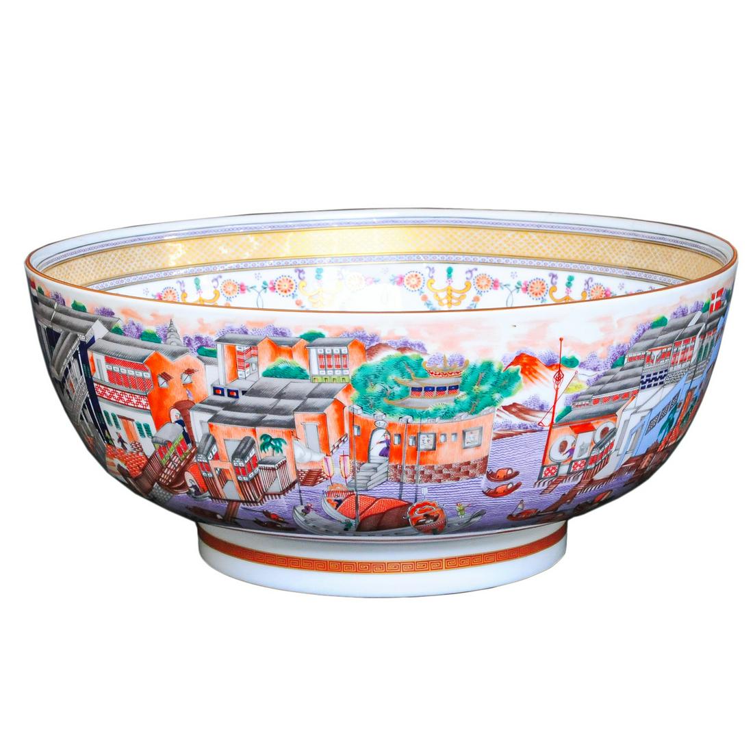 Large Mottahedeh china punch bowl: Large Mottahedeh china punch bowl decorated with the 13 Western Hongs located on the Pearl River in Canton, 14.5" diameter, 6.5" high