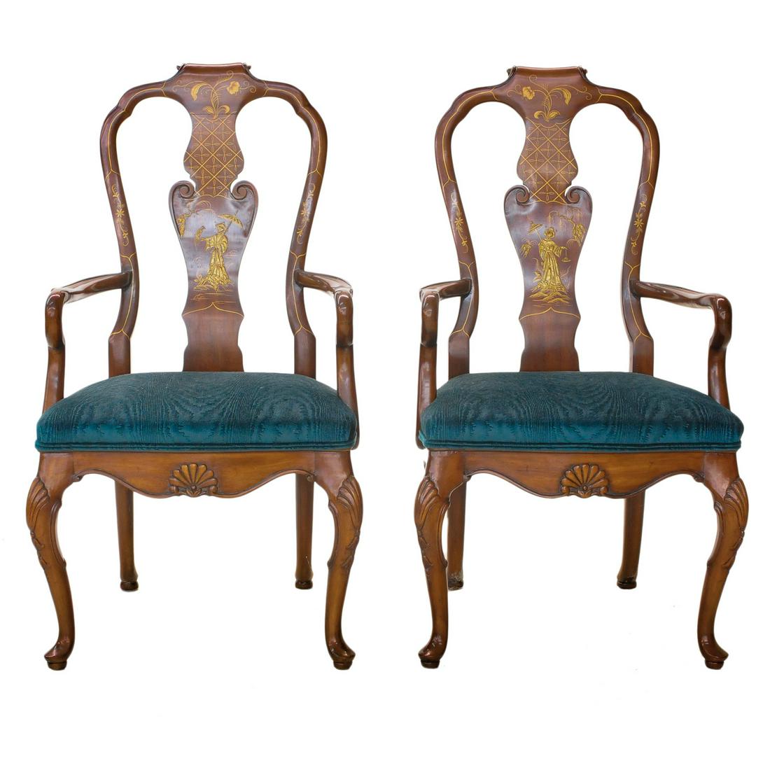 Karges mahogany pair of armchairs: Karges mahogany pair of armchairs with gilt chinoiserie lacquered back splats, shepherd crook arms, shaped apron with shell carving on cabriole legs with shell carved knees, 23" wide, 20" deep, 43" hi