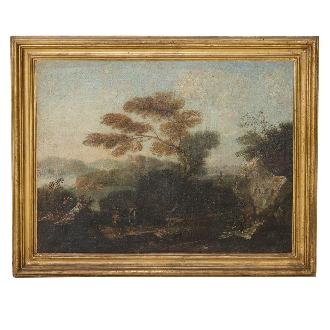 19th century oil painting on canvas, landscape with two (1 of 5)