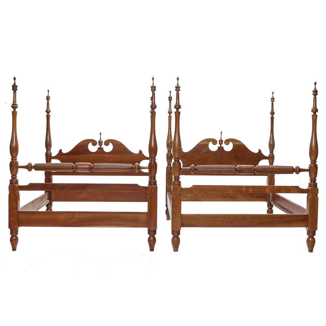 Cherry four poster pair of twin beds: Cherry four poster pair of twin beds with turned columns, shaped headboards, turned post on footboard and finials, 56" wide, 83" long, 67" high