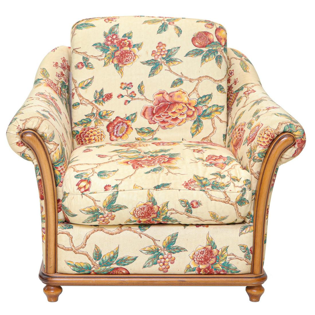 French Country Cherry Wood Club Chair: French Country Cherry Wood Club Chair with Floral Fabric on Bun Feet. 38" Wide, 31" Deep, 35" High