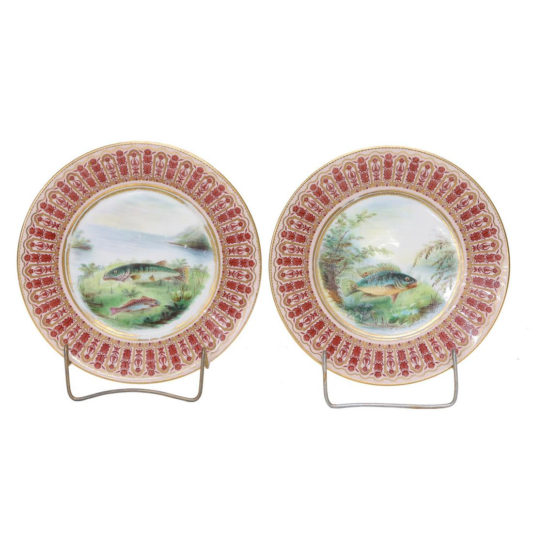 Crown Derby Fish Plates Made for Tiffany & Co.: Crown Derby Fish Plates Made for Tiffany & Co. with Ruby and Gilt Borders. 9.5" Diameter
