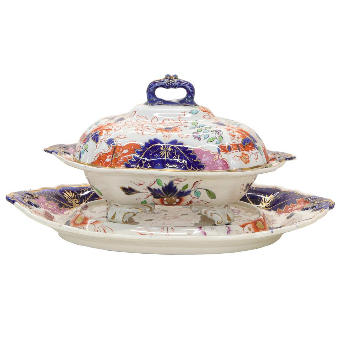 Davenport Covered Tureen: Davenport Covered Tureen with Matching UInderplate having Cobalt Blue, Green and Bittersweet Floral Decorations, C. 1880. Underplate: 15" Long, 10.5" Wide