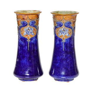 19th C. Royal Doulton Porcelain Vase: 19th C. Royal Doulton Porcelain Vases Having Cobalt Blue Background with Raised Gilt Decorations at the Tops, C. 1890. 10" High